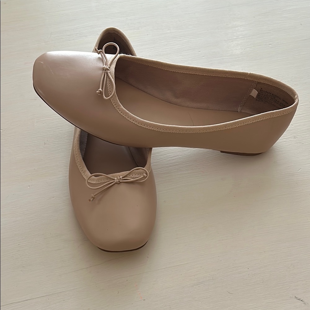 Tan Leather Ballet Flats with Bow Detail
